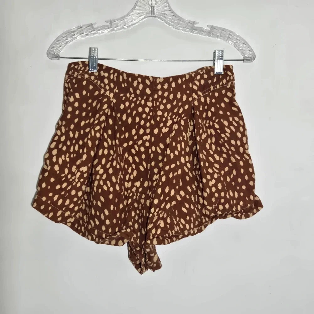 Free People Sz 6 Brown Spotted Lace Up Ruffle Hem Cotton Lounge Shorts‎ Womens
